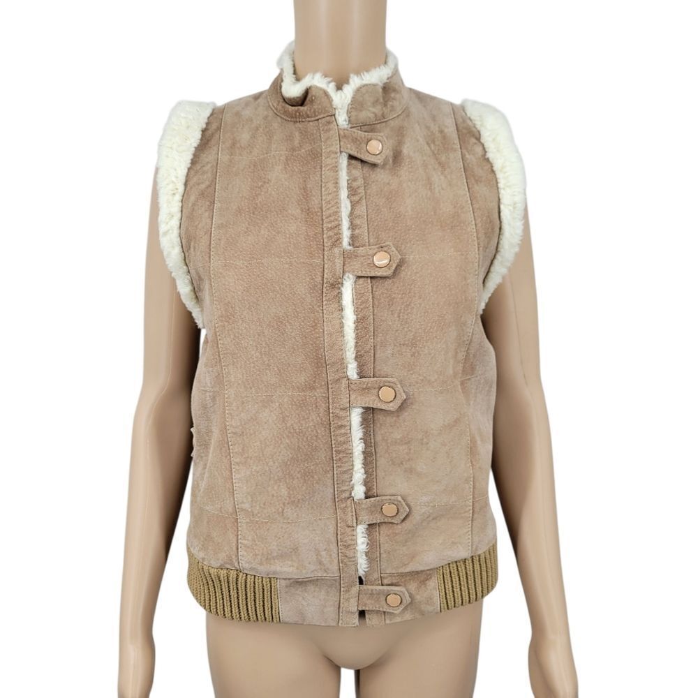 Vintage Suede and Knit Vest with Faux Sherpa Lining Tan